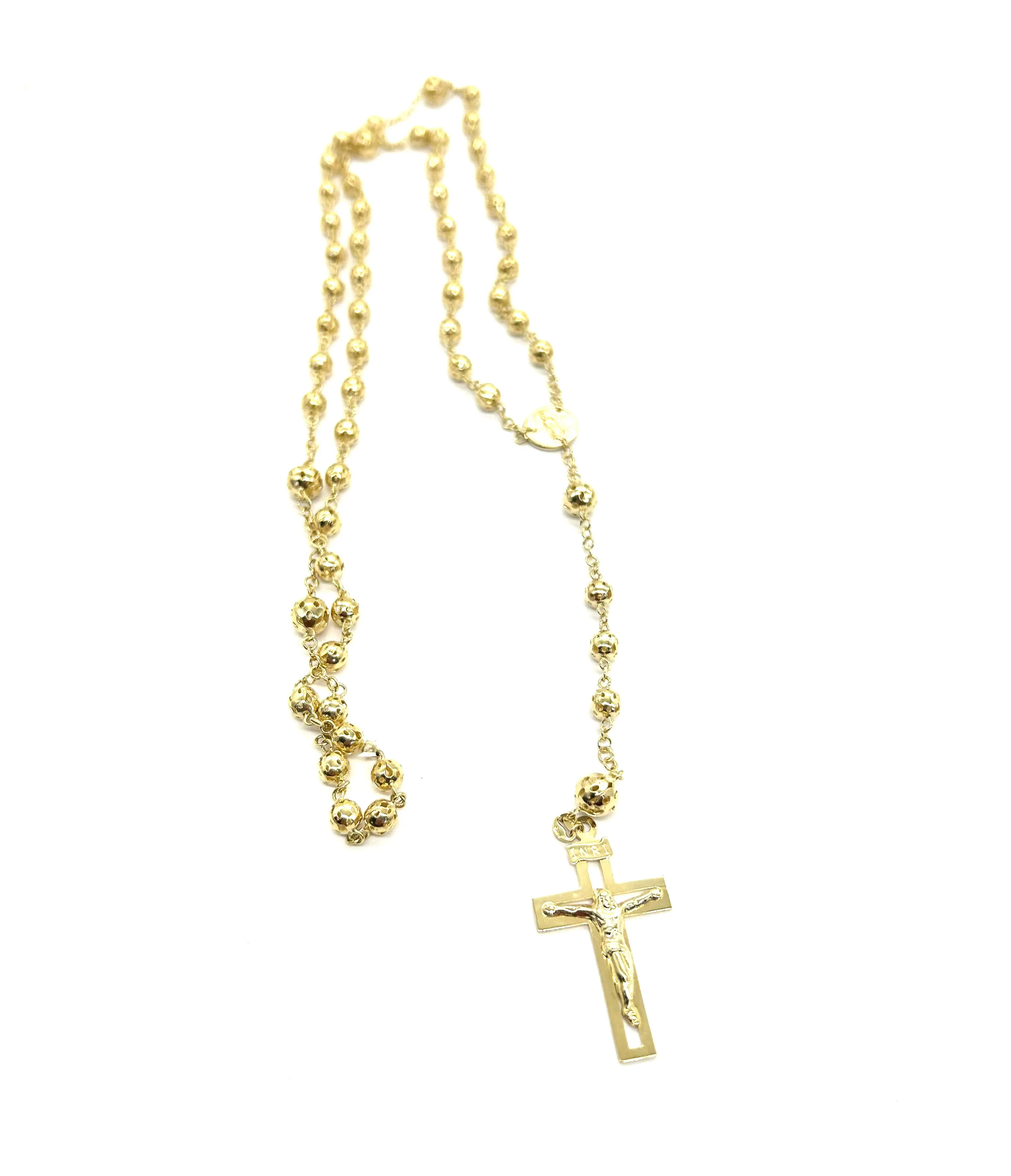 14K Gold Cutout Beaded Rosary Necklace