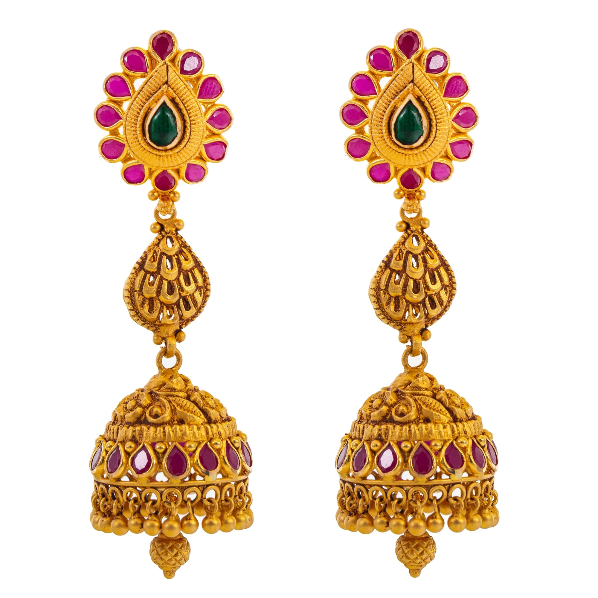 22K Yellow Gold, Emerald & Ruby Antique Jewelry Set (93.4gm)