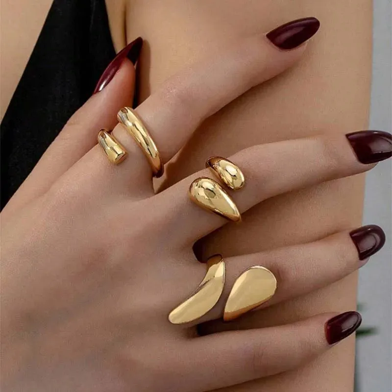 3Pcs/Set Vintage Gold Water Drop Rings | Adjustable Geometric Open Rings for Women