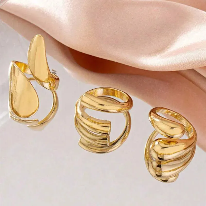 3Pcs/Set Vintage Gold Water Drop Rings | Adjustable Geometric Open Rings for Women