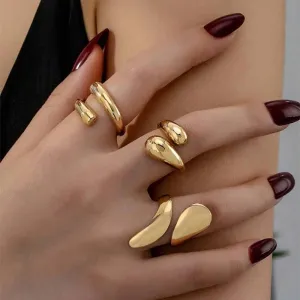 3Pcs/Set Vintage Gold Water Drop Rings | Adjustable Geometric Open Rings for Women