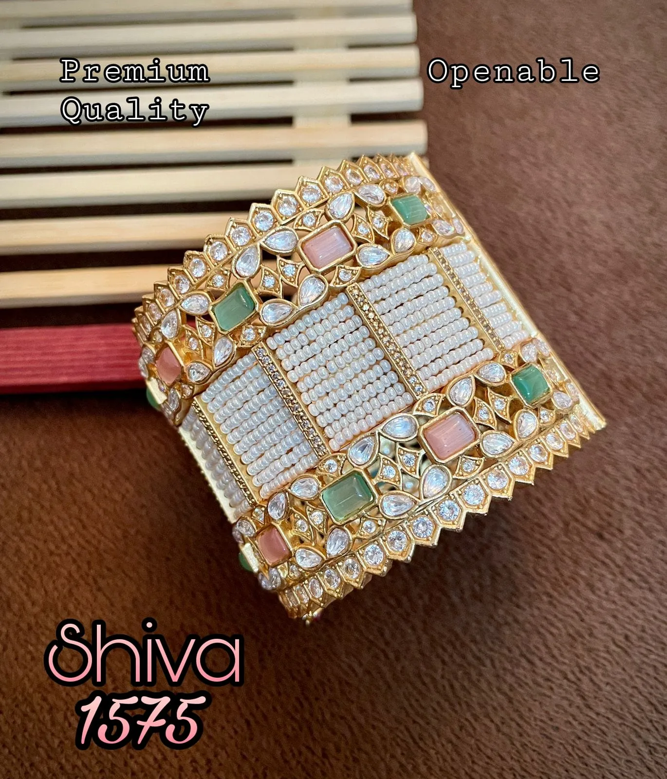 Avantika Matt Gold Finish Heavy Designer Bridal Polki Kundan Pearl Bangle for Women - Model MOE001PB