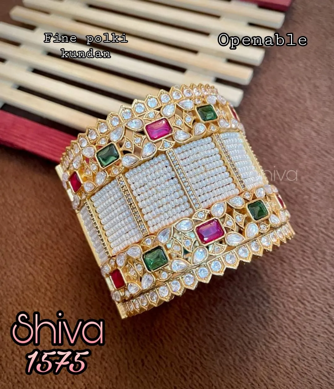 Avantika Matt Gold Finish Heavy Designer Bridal Polki Kundan Pearl Bangle for Women - Model MOE001PB