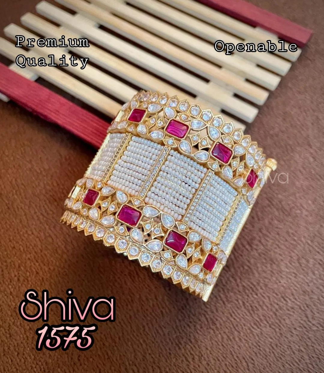 Avantika Matt Gold Finish Heavy Designer Bridal Polki Kundan Pearl Bangle for Women - Model MOE001PB