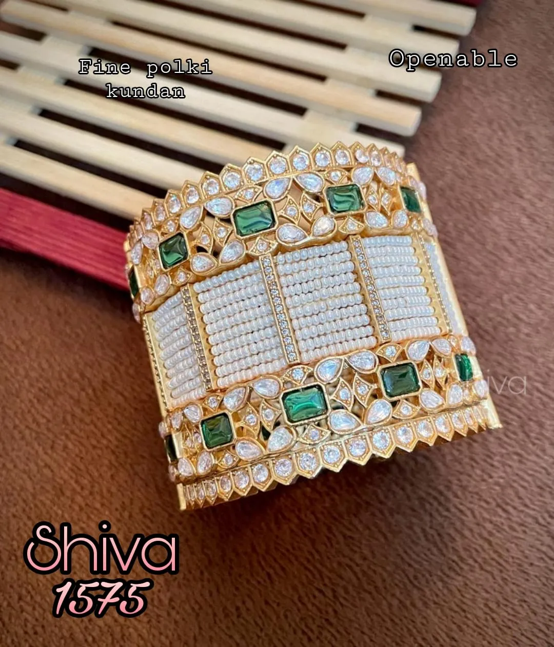 Avantika Matt Gold Finish Heavy Designer Bridal Polki Kundan Pearl Bangle for Women - Model MOE001PB