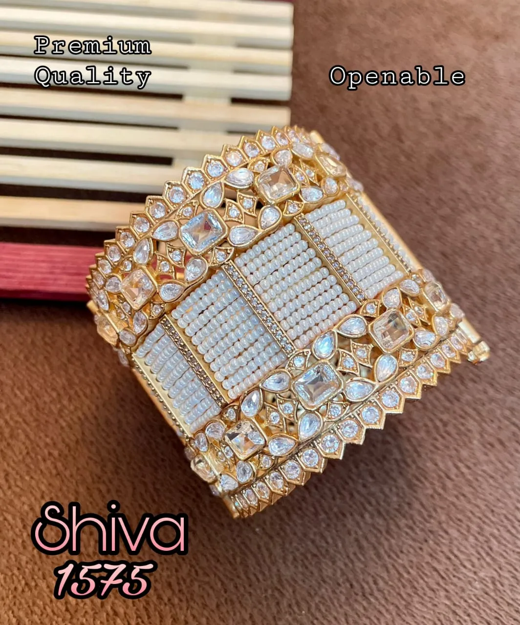 Avantika Matt Gold Finish Heavy Designer Bridal Polki Kundan Pearl Bangle for Women - Model MOE001PB