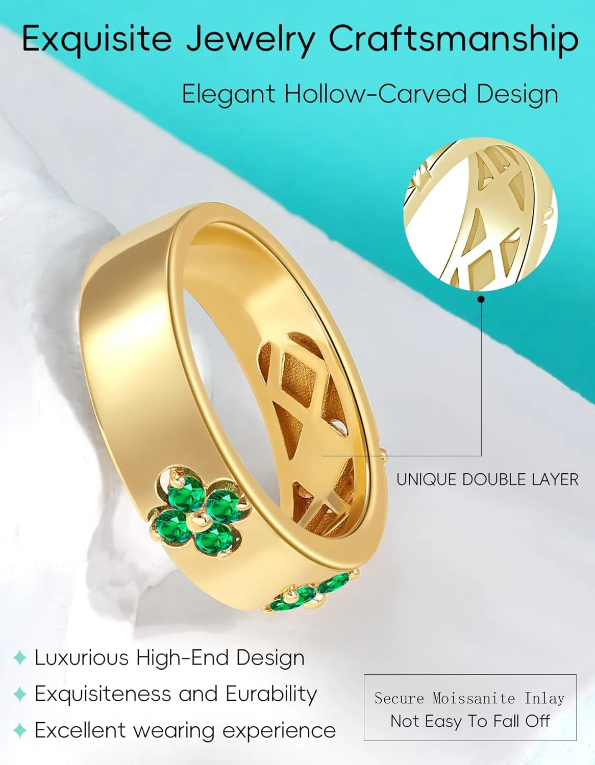 Clover Moissanite Rings for Women Gifts,Premium Moissanite(D Color VVS1 Clarity 3EX Cut), 925 Sterling Silver 14K Gold Plated Non Tarnish
