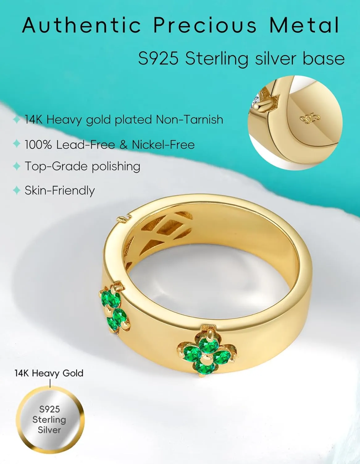Clover Moissanite Rings for Women Gifts,Premium Moissanite(D Color VVS1 Clarity 3EX Cut), 925 Sterling Silver 14K Gold Plated Non Tarnish