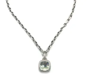 David Yurman Sterling Silver Green Topaz and Diamond Halo Necklace