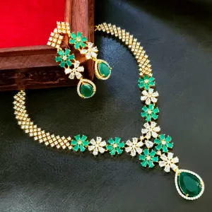 Emerald Green & White Floral AD Zircon Nevklace set