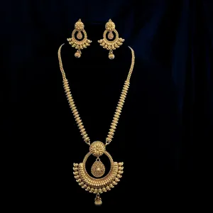 Exclusive Long Antique Gold Necklace Set wtih Chaandbali pendant and earring