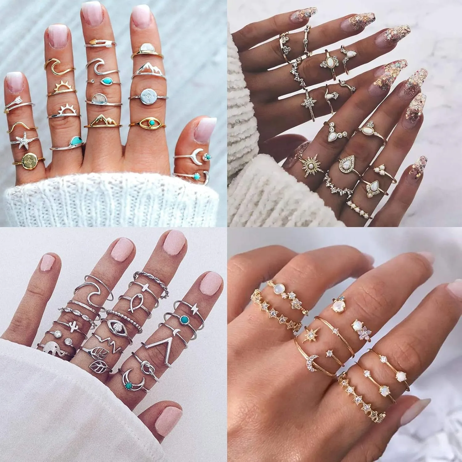FUTIMELY 62-101Pcs Vintage Knuckle Rings Set Stackable Midi Rings for Women Bohemian Gold Silver Rings Crystal Joint Finger Rings Set