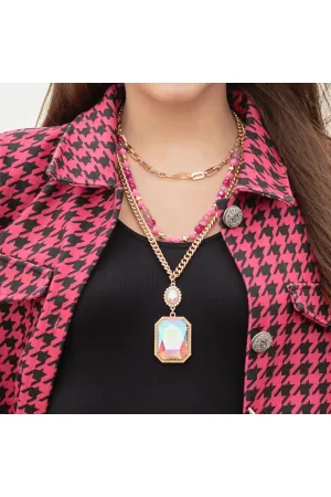 Gorgeous Gold Multi-Layered AB Crystal Pendant Necklace With Fuchsia Beads