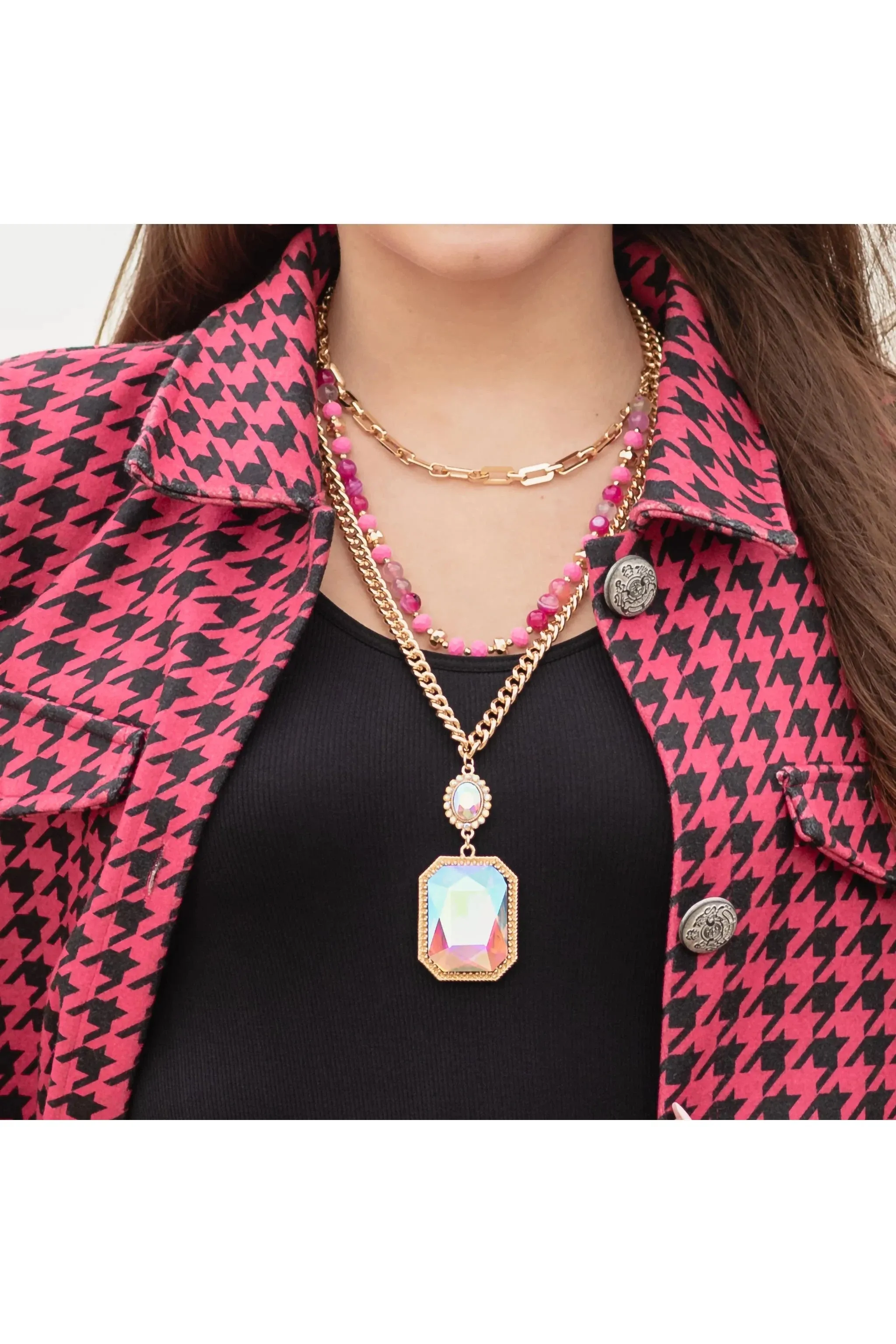 Gorgeous Gold Multi-Layered AB Crystal Pendant Necklace With Fuchsia Beads