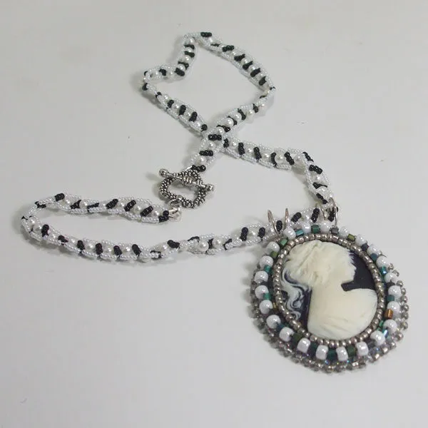 Ladanica Beaded Black/White Cameo Pendant Necklace