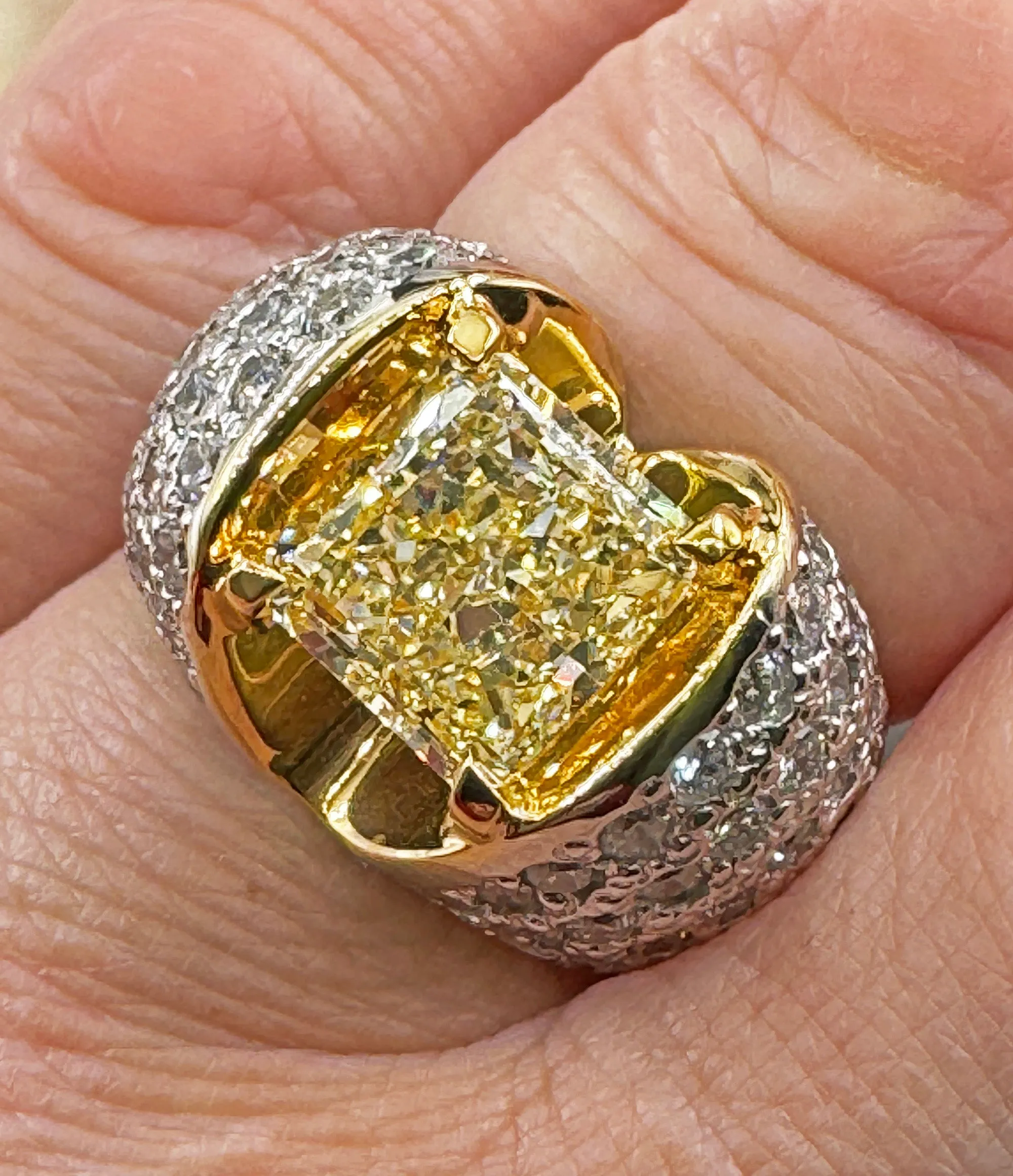 Vintage “Canary” GIA 7.02ctw Natural Fancy YELLOW Radiant Cut Diamond Dome 18K Ring